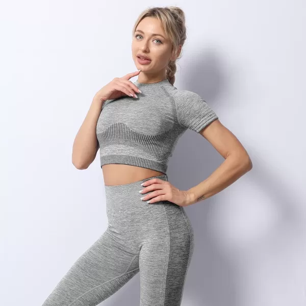 2 Piece Workout Sets for Women Long Sleeve Short Sleeve Yoga Outfits Seamless Ribbed Crop Top High Waist Legging