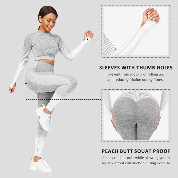 2 Piece Workout Sets for Women Long Sleeve Short Sleeve Yoga Outfits Seamless Ribbed Crop Top High Waist Legging