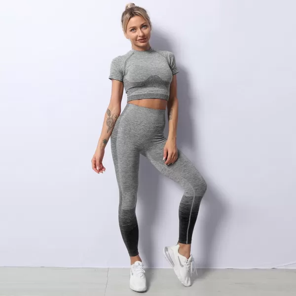 2 Piece Workout Sets for Women Long Sleeve Short Sleeve Yoga Outfits Seamless Ribbed Crop Top High Waist Legging