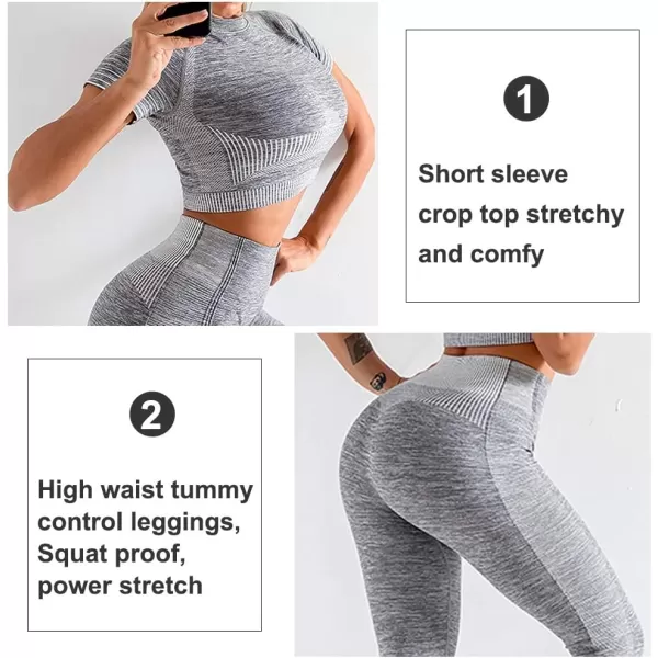 2 Piece Workout Sets for Women Long Sleeve Short Sleeve Yoga Outfits Seamless Ribbed Crop Top High Waist Legging