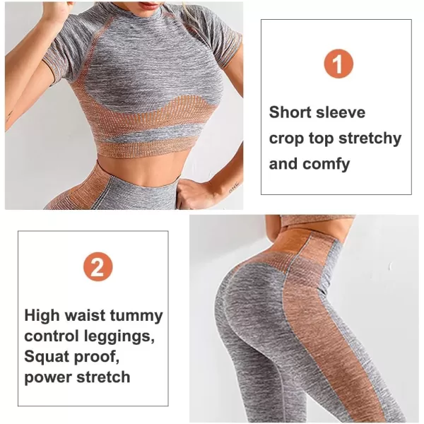 2 Piece Workout Sets for Women Long Sleeve Short Sleeve Yoga Outfits Seamless Ribbed Crop Top High Waist Legging