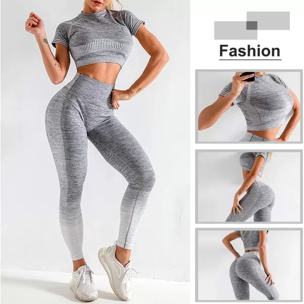 2 Piece Workout Sets for Women Long Sleeve Short Sleeve Yoga Outfits Seamless Ribbed Crop Top High Waist Legging