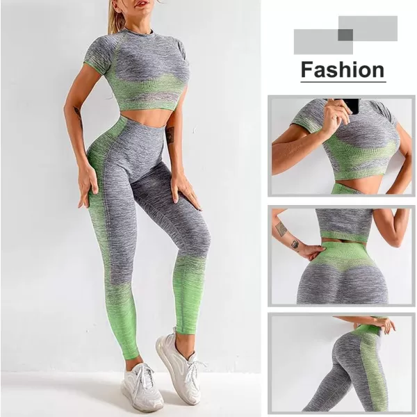 2 Piece Workout Sets for Women Long Sleeve Short Sleeve Yoga Outfits Seamless Ribbed Crop Top High Waist Legging