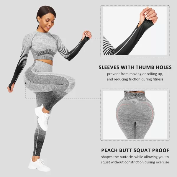 2 Piece Workout Sets for Women Long Sleeve Short Sleeve Yoga Outfits Seamless Ribbed Crop Top High Waist Legging