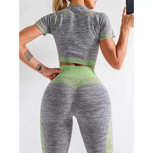 2 Piece Workout Sets for Women Long Sleeve Short Sleeve Yoga Outfits Seamless Ribbed Crop Top High Waist Legging