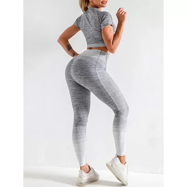 2 Piece Workout Sets for Women Long Sleeve Short Sleeve Yoga Outfits Seamless Ribbed Crop Top High Waist Legging