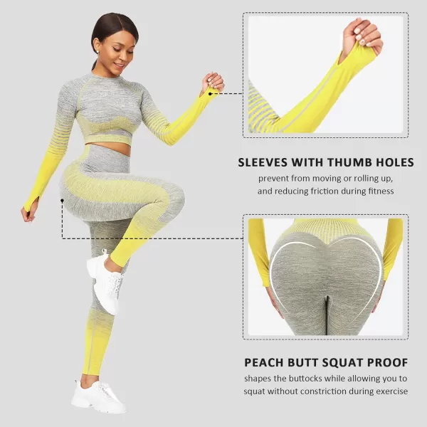 2 Piece Workout Sets for Women Long Sleeve Short Sleeve Yoga Outfits Seamless Ribbed Crop Top High Waist Legging