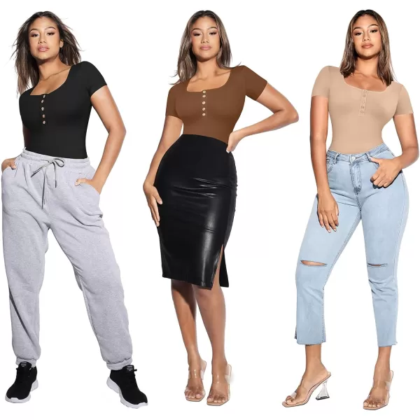3 Packs Short Sleeve Bodysuit for Women Henley Tops Ribbed Cotton T Shirts Scoop Neck Sleeveless Casual Shirt
