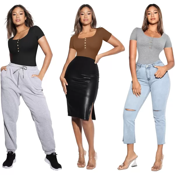 3 Packs Short Sleeve Bodysuit for Women Henley Tops Ribbed Cotton T Shirts Scoop Neck Sleeveless Casual Shirt