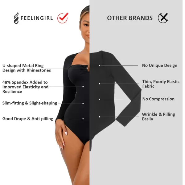 Body Suits for Womens Long Sleeve Thong Shapewear Bodysuit Sweetheart V Neck Top Shirt Black/White