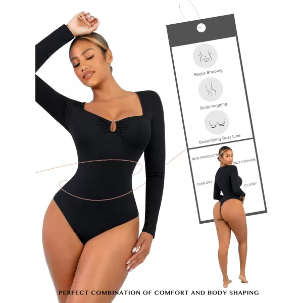 Body Suits for Womens Long Sleeve Thong Shapewear Bodysuit Sweetheart V Neck Top Shirt Black/White
