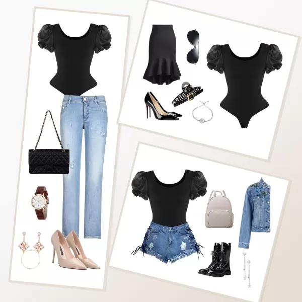 Bodysuit for Women Tummy Control Seamless Thong Body Shaper Tank Top Short Puff Sleeve Body Suit