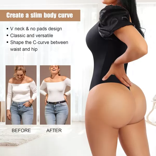 Bodysuit for Women Tummy Control Seamless Thong Body Shaper Tank Top Short Puff Sleeve Body Suit