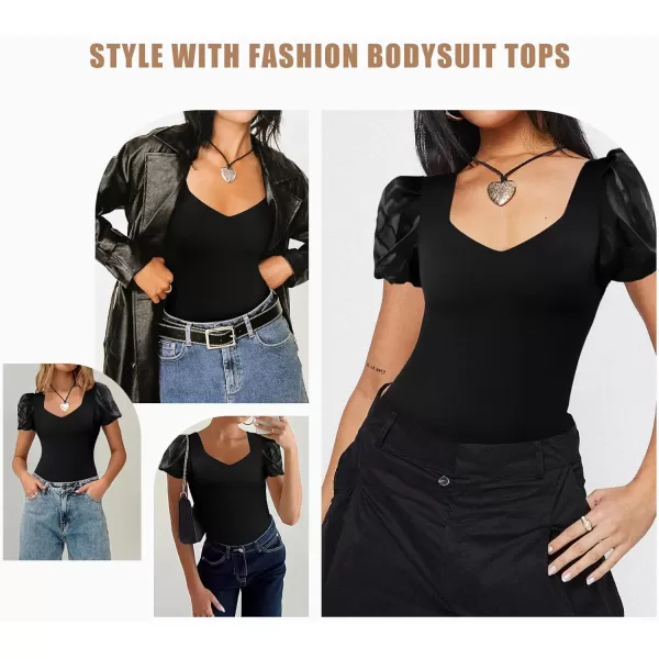 Bodysuit for Women Tummy Control Seamless Thong Body Shaper Tank Top Short Puff Sleeve Body Suit
