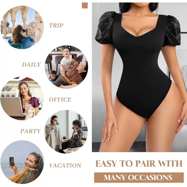 Bodysuit for Women Tummy Control Seamless Thong Body Shaper Tank Top Short Puff Sleeve Body Suit