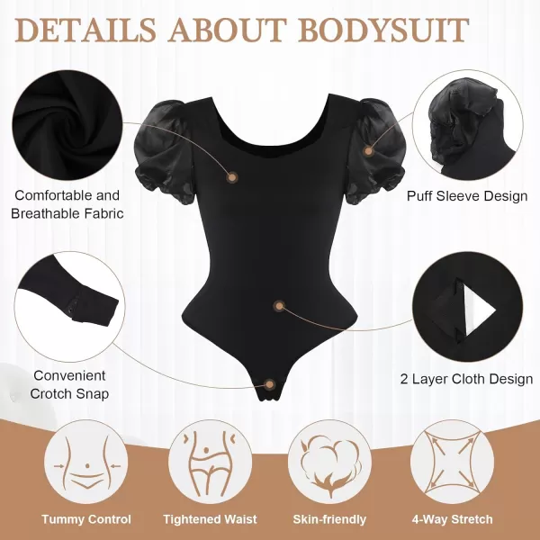 Bodysuit for Women Tummy Control Seamless Thong Body Shaper Tank Top Short Puff Sleeve Body Suit