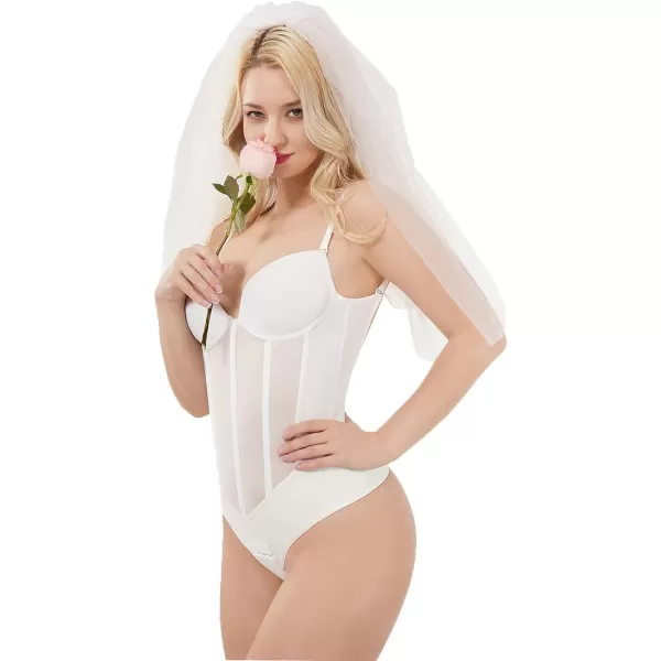 Bodysuit for Women Tummy Control Thong Sheer Mesh Corset Top Backless Party Evening Dress White Wedding Bodysuits)