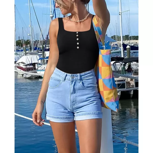 Bodysuits for Women Henley Shirt Scoop Neck Button Down Ribbed Tank Tops Sleeveless Padded Thong Bodysuit