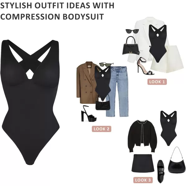 Deep V Neck Bodysuits for Women Tummy Control Body Shaper Sleeveless Cross Back Tank Tops Body Suits Thong