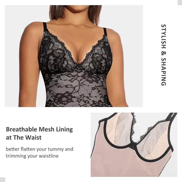 Lace Bodysuit for Women Tummy Control Shapewear Bodysuit Tops V Neck Corset Body Suit Mid Thigh Body Shaper