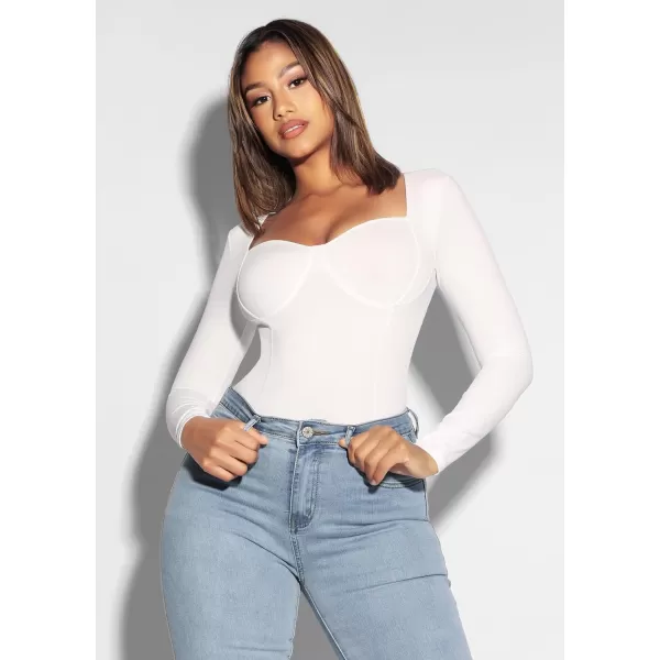 Long Sleeve Bodysuits for Women Body Suit Tummy Control Thong Shapewear Bodysuit Square Deep V Neck Tops 2024