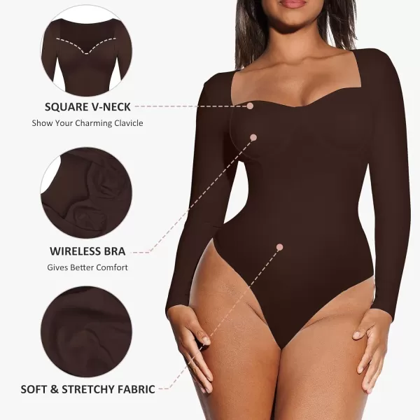 Long Sleeve Bodysuits for Women Body Suit Tummy Control Thong Shapewear Bodysuit Square Deep V Neck Tops 2024
