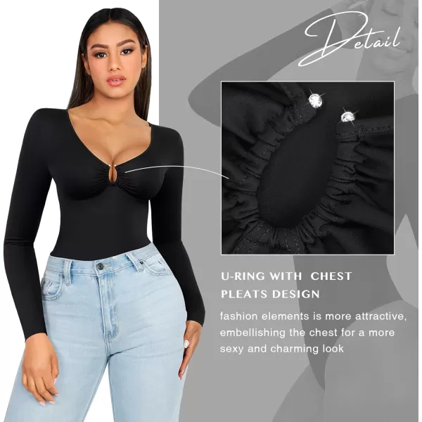 Long Sleeve Bodysuits for Women Body Suit Tummy Control Thong Shapewear Bodysuit Square Deep V Neck Tops 2024