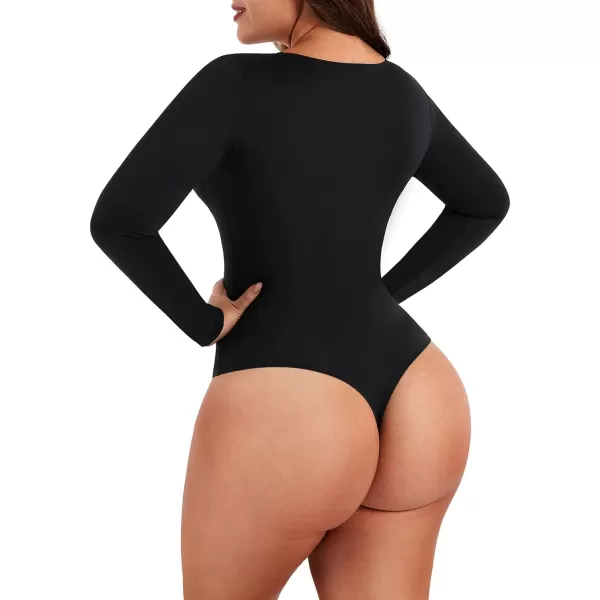 Long Sleeve Bodysuits for Women Body Suit Tummy Control Thong Shapewear Bodysuit Square Deep V Neck Tops 2024