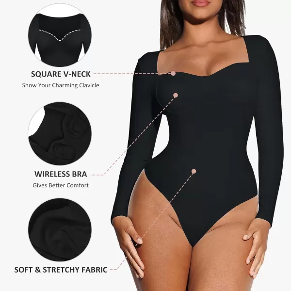 Long Sleeve Bodysuits for Women Body Suit Tummy Control Thong Shapewear Bodysuit Square Deep V Neck Tops 2024
