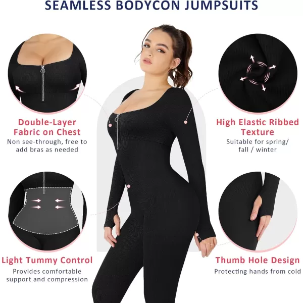Long Sleeve Jumpsuits For Women One Piece Tummy Control Ribbed Full Body Romper Unitard for Yoga/Workout2024