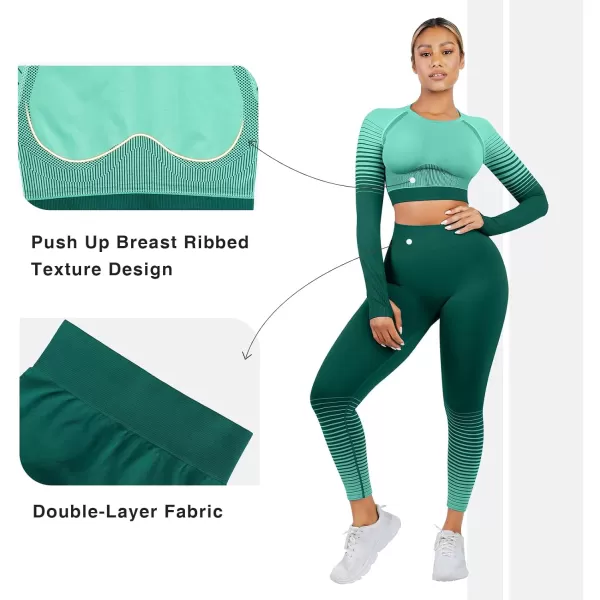 Seamless Workout Sets for Women 2 Piece Seamless Long Sleeve Crop Tops Ribbed Outfits High Waist Leggings