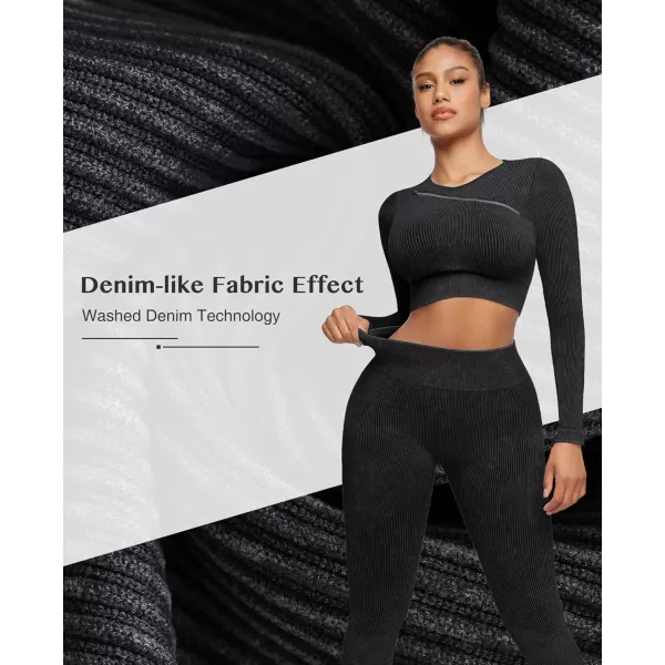 Seamless Workout Sets for Women 2 Piece Seamless Long Sleeve Crop Tops Ribbed Outfits High Waist Leggings