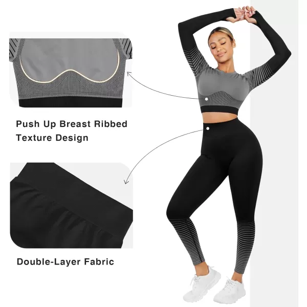 Seamless Workout Sets for Women 2 Piece Seamless Long Sleeve Crop Tops Ribbed Outfits High Waist Leggings