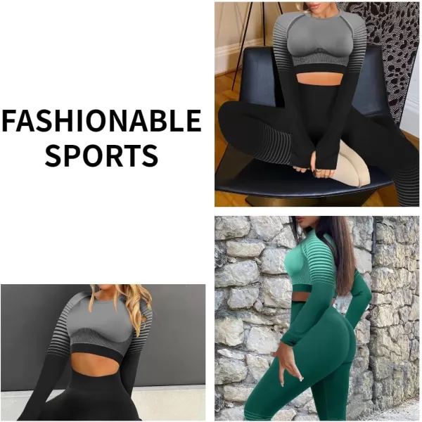 Seamless Workout Sets for Women 2 Piece Seamless Long Sleeve Crop Tops Ribbed Outfits High Waist Leggings