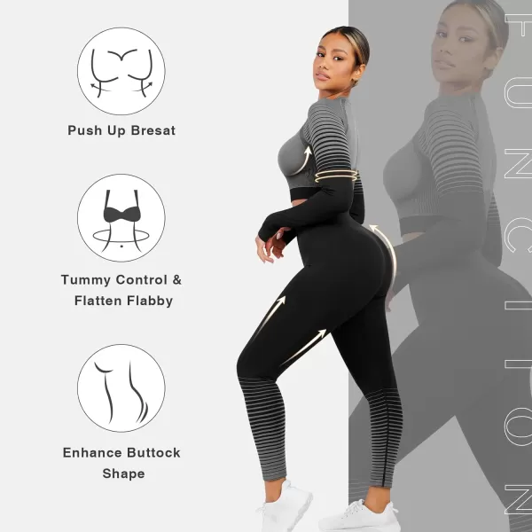 Seamless Workout Sets for Women 2 Piece Seamless Long Sleeve Crop Tops Ribbed Outfits High Waist Leggings