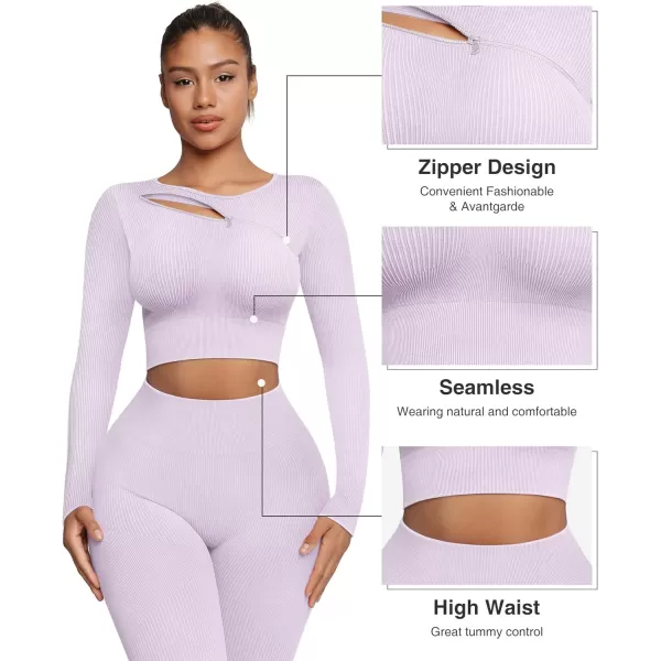 Seamless Workout Sets for Women 2 Piece Seamless Long Sleeve Crop Tops Ribbed Outfits High Waist Leggings