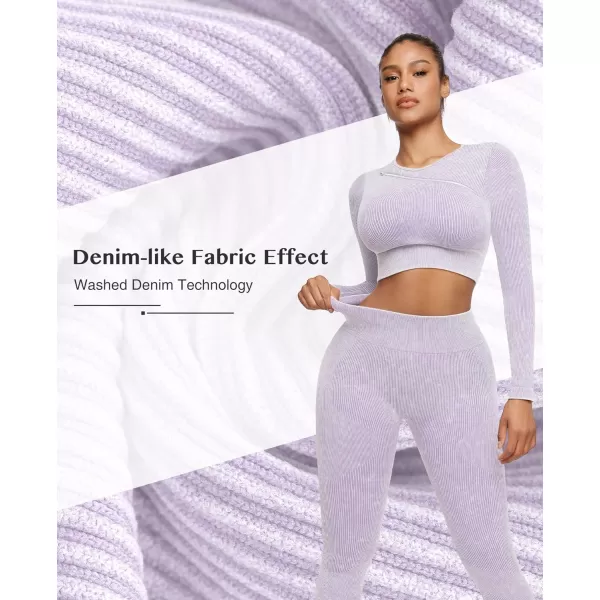 Seamless Workout Sets for Women 2 Piece Seamless Long Sleeve Crop Tops Ribbed Outfits High Waist Leggings