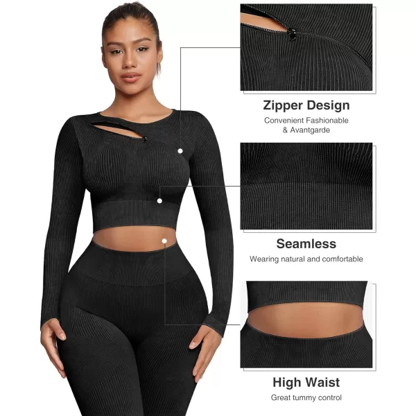 Seamless Workout Sets for Women 2 Piece Seamless Long Sleeve Crop Tops Ribbed Outfits High Waist Leggings