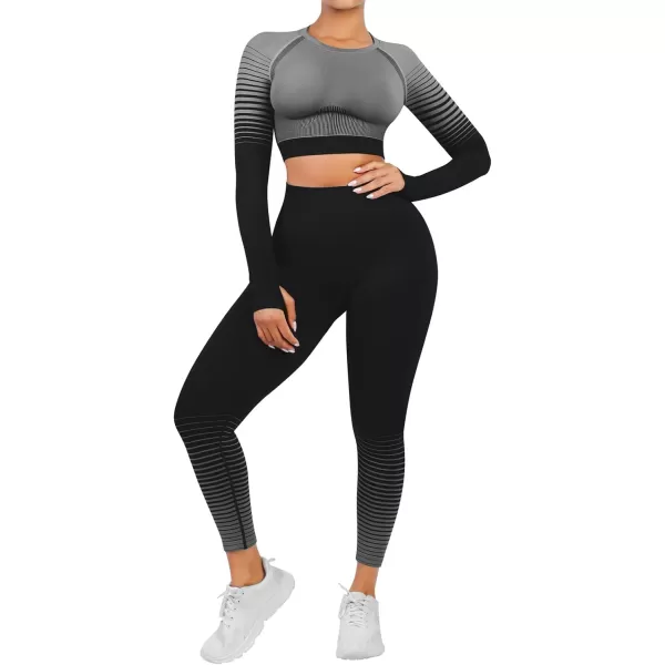 Seamless Workout Sets for Women 2 Piece Seamless Long Sleeve Crop Tops Ribbed Outfits High Waist Leggings