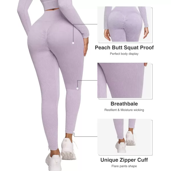 Seamless Workout Sets for Women 2 Piece Seamless Long Sleeve Crop Tops Ribbed Outfits High Waist Leggings