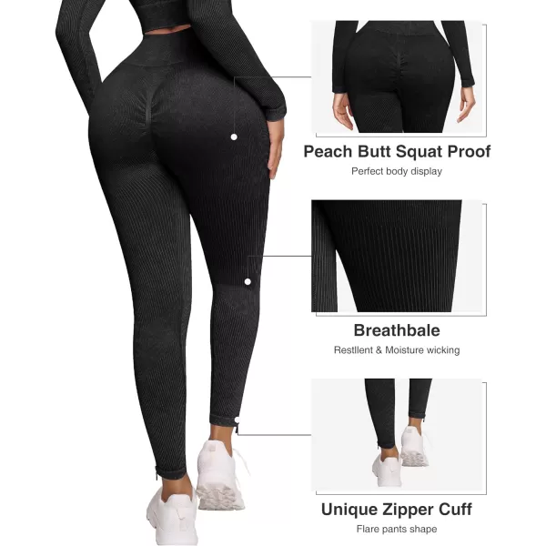 Seamless Workout Sets for Women 2 Piece Seamless Long Sleeve Crop Tops Ribbed Outfits High Waist Leggings