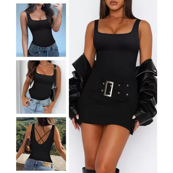 Women's Tummy Control Square Neck Sleeveless Thong Bodysuit Seamless Backless Ribbed Going Out Tank Tops Bodysuits