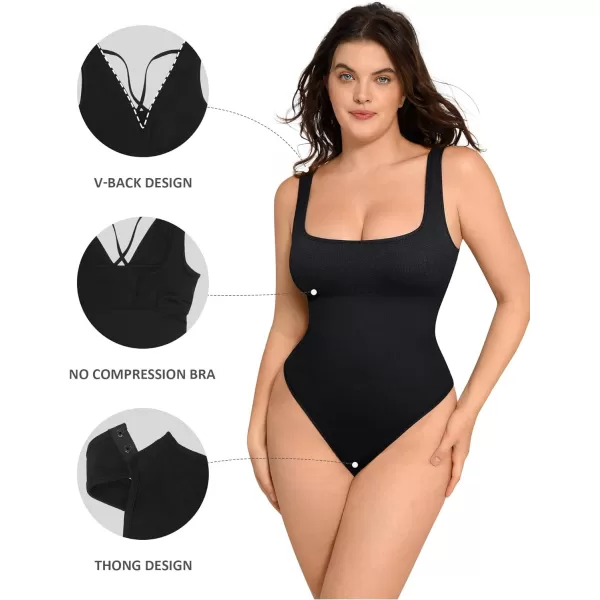 Women's Tummy Control Square Neck Sleeveless Thong Bodysuit Seamless Backless Ribbed Going Out Tank Tops Bodysuits