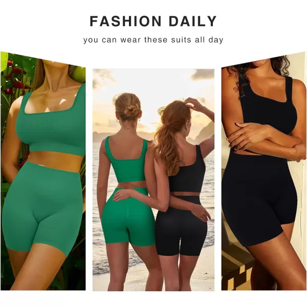 Workout Sets for Women 2 Piece Outfits Seamless Ribbed Sport Bra High Waist Shorts Reg &amp; Plus Size