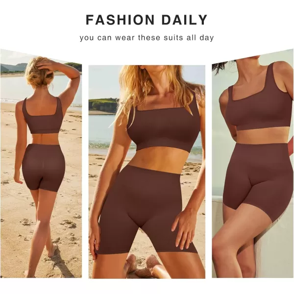 Workout Sets for Women 2 Piece Outfits Seamless Ribbed Sport Bra High Waist Shorts Reg &amp; Plus Size
