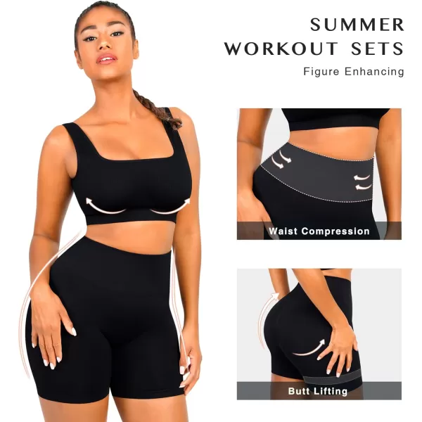 Workout Sets for Women 2 Piece Outfits Seamless Ribbed Sport Bra High Waist Shorts Reg &amp; Plus Size