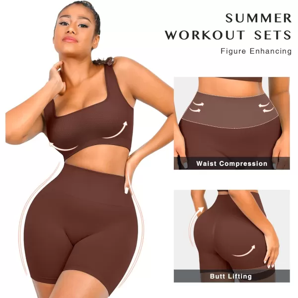 Workout Sets for Women 2 Piece Outfits Seamless Ribbed Sport Bra High Waist Shorts Reg &amp; Plus Size