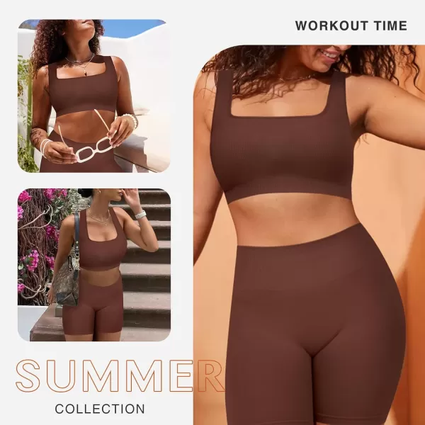 Workout Sets for Women 2 Piece Outfits Seamless Ribbed Sport Bra High Waist Shorts Reg &amp; Plus Size