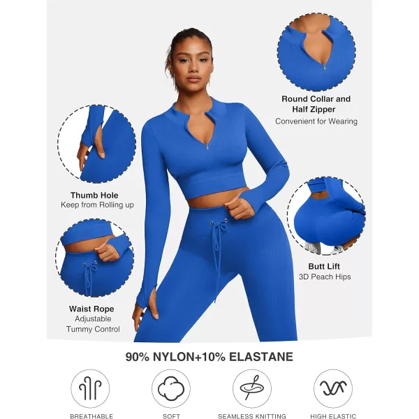 Workout Sets for Women 2 Piece Seamless Long Sleeve Crop Tops Seamless Ribbed High Waist Leggings