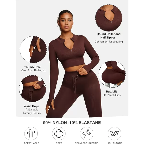 Workout Sets for Women 2 Piece Seamless Long Sleeve Crop Tops Seamless Ribbed High Waist Leggings